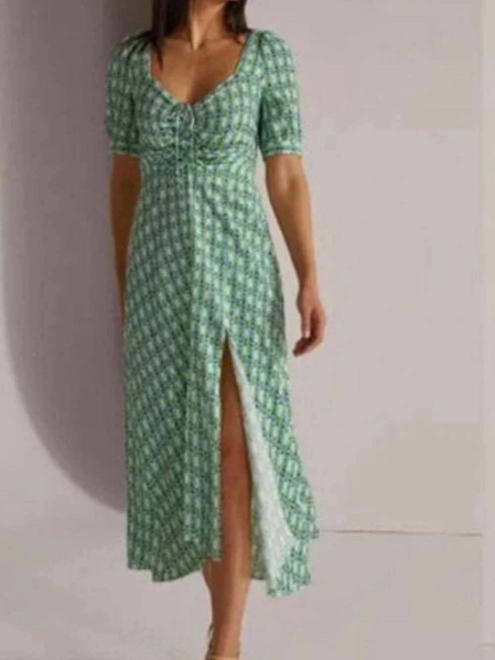 Favorite Daughter Vineyard Retro Mosaic Smocked Side Slit Midi Dress Green.